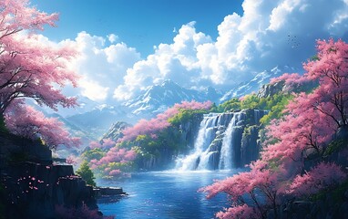 Tranquil Waterfall Lush Greenery Scenic View