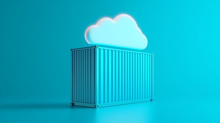 Modern storage concept with shipping container and cloud symbol on a vibrant blue background