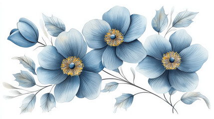 Fototapeta premium Elegant watercolor painting of blue flowers and leaves