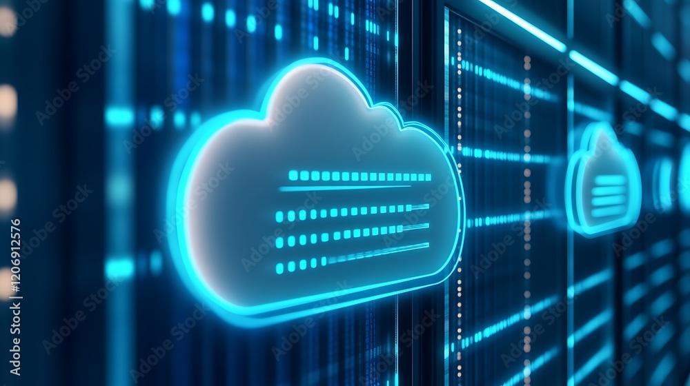 Poster neon cloud computing network with digital data streams and technology visualization in a futuristic 