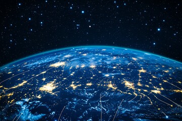 Obraz premium A colorful representation of Earth and its connection to the cosmos, with orbiting satellites and a galaxy in the background. Generative AI