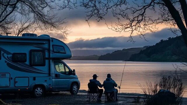 Enjoy the serene beauty of a fishing trip by the lake. The RV adds convenience to this peaceful scene. Ideal for outdoor enthusiasts and nature lovers. Generative AI