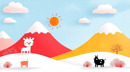 Obraz premium A vibrant cartoon landscape features two colorful mountains under a clear blue sky. A bright sun shines, and two adorable animals, a white goat and a black cow, graze peacefully on a snowy hill