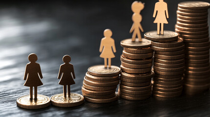 Growing wealth gap illustrated by coins and gender figures representing financial disparity