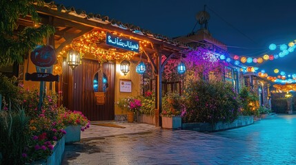Night Scene at a Beautifully Illuminated Restaurant in a Middle Eastern Style