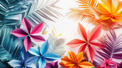 Vibrant paper flowers and tropical leaves create a summery, colorful backdrop