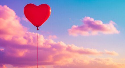 Fototapeta premium Romantic Red Heart Shaped Balloon Soaring in a Pastel Sunset Sky