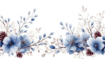 Watercolor floral border; dusty blue blossoms, brown twigs, and berries