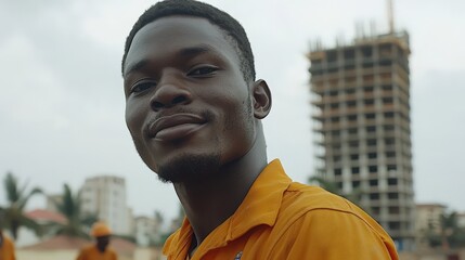Portrait of a worker standing proudly against the backdrop of a completed building, symbolizing their essential contribution to the project’s success.