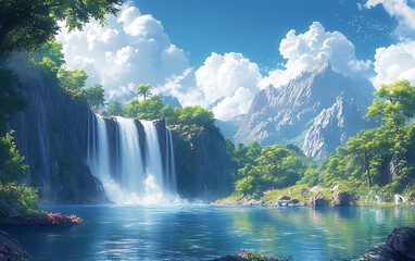 Serene Waterfall Lake Landscape Summer Scene
