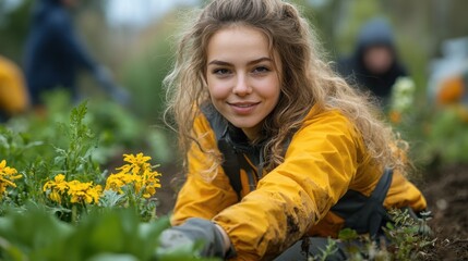 Young woman tending to vibrant yellow flowers in a lush garden on a sunny day while enjoying her gardening passion