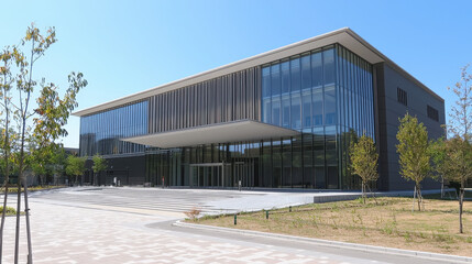 Obraz premium Modern glass-fronted building, spacious plaza, landscaped grounds