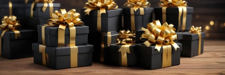 A stack of black boxes with gold bows on top of each other on a wooden table, decorative stationery, metallic accents, black boxes with gold bows