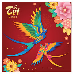 Obraz premium colorful spring birds on red gradient background lunar new year