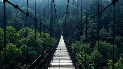 Obraz premium Suspension bridge stretching across verdant forest landscape in misty conditions