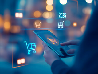 A person using a tablet to interact with digital shopping icons, highlighting futuristic e-commerce trends and technology.