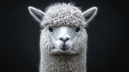 Obraz premium Captivating llama poses gracefully against a dark backdrop, highlighting its soft, fluffy coat and expressive features in stunning detail