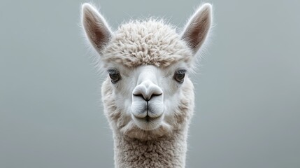 Fototapeta premium Majestic llama with soft fur gazes intently amidst a muted background on a tranquil afternoon