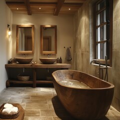 Luxurious Wooden Bathroom With Freestanding Tub And Double Sinks