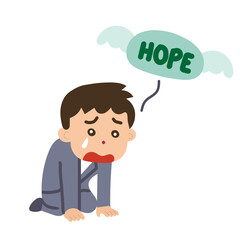 Hopeful Man Kneeling, Crying, Despair, Reaching for Hope.