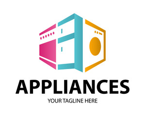 Modern minimalist home appliance store logo. Refrigerator stove and washing machine icon.