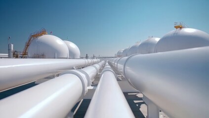 Industrial gas plant with large steel pipes and storage tanks