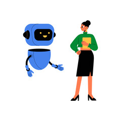 Female Businesswoman And Humanoid Robot Interacting In Flat Vector Illustration Symbolizing Artificial Intelligence Collaboration, Isolated On White Background.