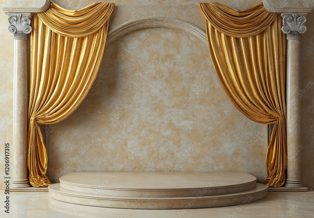 Aufkleber elegant empty stage with gold curtains and marble columns.