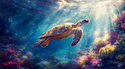 Fototapeta premium A turtle swimming in the ocean with a colorful background