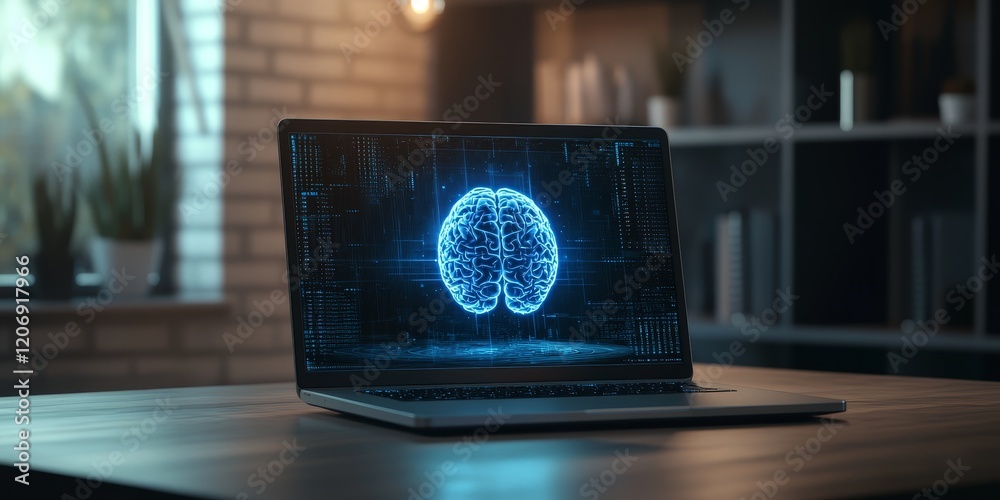 Aufkleber glowing brain on laptop screen, artificial intelligence concept.