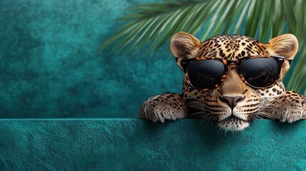 Obraz premium A stylish leopard wearing sunglasses, relaxing against a vibrant backdrop.