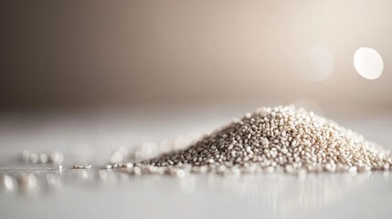 113.A close-up of a small heap of white sesame seeds neatly arranged on a smooth white surface, highlighting their natural texture and purity in a well-lit environment.