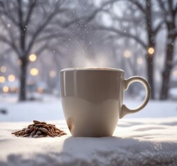 A warm and inviting coffee cup against a backdrop of snow falling from the sky in soft focus, soft focus, calming ambiance