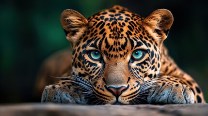 Obraz premium A majestic leopard with striking blue eyes relaxing in its natural habitat.