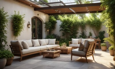 a warm and inviting summer patio with comfortable furniture and lush greenery, , garden, nature