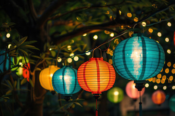 Fototapeta premium Beautiful holiday composition for happy celebrate chinese festival of lanterns, abstract vivid composition consists of fictional unreal fantastic vision on background