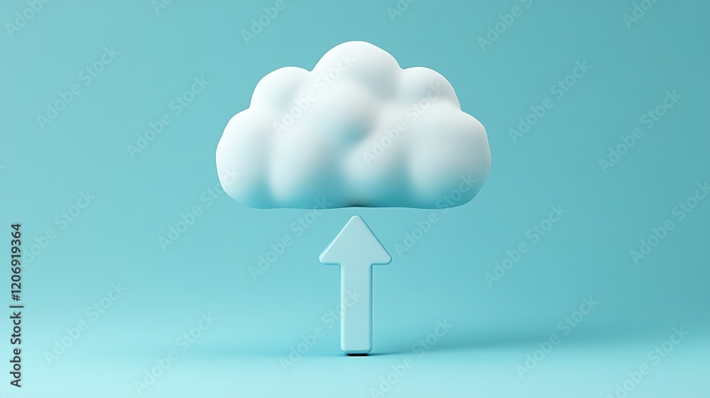 Poster white cloud with upward arrow on a light blue background representing data upload and cloud technolo
