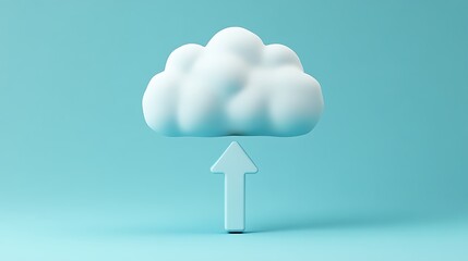 White cloud with upward arrow on a light blue background representing data upload and cloud technology concept