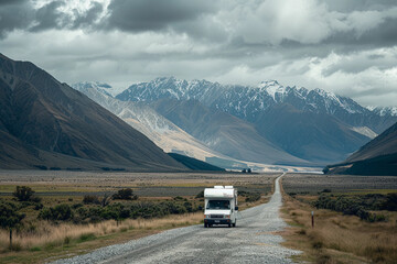 Holiday trip on large family motorhome for holiday in beautiful natural nature, abstract vivid composition consists of fictional unreal fantastic vision on background