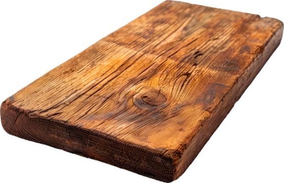 Close up of a rustic wooden board. The board is positioned at a slight diagonal angle, showcasing its natural grain and aged details. Perfect for design or culinary backgrounds