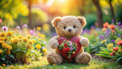 Fototapeta premium Teddy bear holding a heart made of flowers, garden, heart, garden, heart, emotional connection, tender touch , flowers