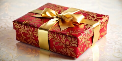 Luxurious red gift box wrapped with golden ribbon and adorned with elegant floral patterns , wrapping, ribbon,  wrapping