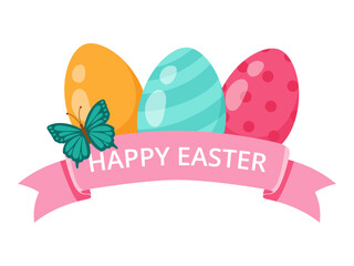 colorful Easter eggs with ribbon, text Happy Easter. Spring composition. Vector illustration. banner design