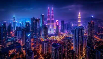 Obraz premium Night cityscape panorama with illuminated skyscrapers and towers.
