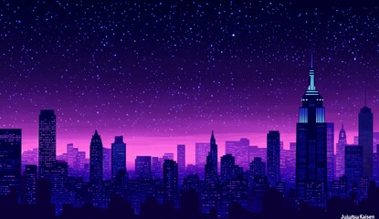 Pixel art cityscape at night with purple and pink sky, stars.