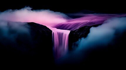 Pink waterfall cascading down cliffs, shrouded in mist, dark background; nature wallpaper