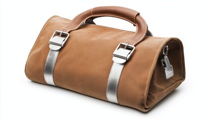 Naklejka premium Stylish brown leather handbag with silver buckles.