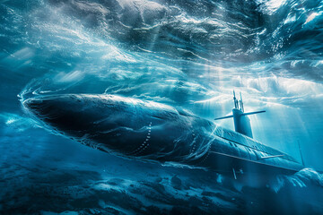 Fototapeta premium Beautiful large submarine floating in middle of deep ocean during mission, abstract vivid composition consists of fictional unreal fantastic vision on background