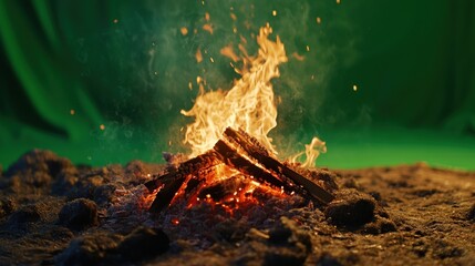 Naklejka premium A Campfire with Glowing Embers and Smoke against a Green Screen Background