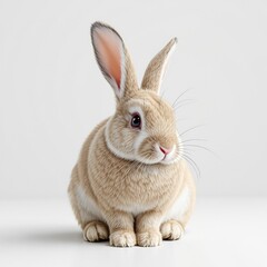 Obraz premium Adorable domestic rabbit sitting peacefully against a white backdrop, rabbit, peaceful, cute, background